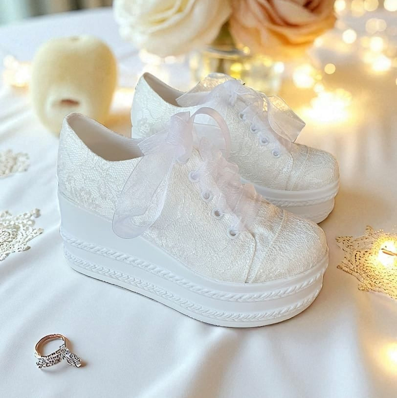 8 cm bridal sneakers wedge, wedding platform sneakers, comfortable bridal wedge shoes, pearl lace wedding sneaker, cloud soft bridal platform