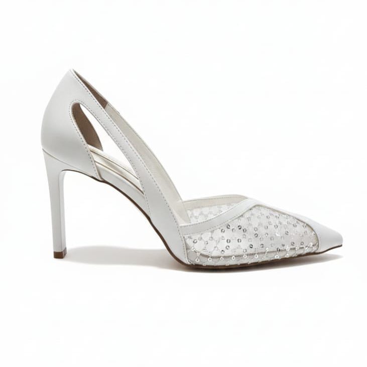 White high-heeled shoe with embellishments on a white background