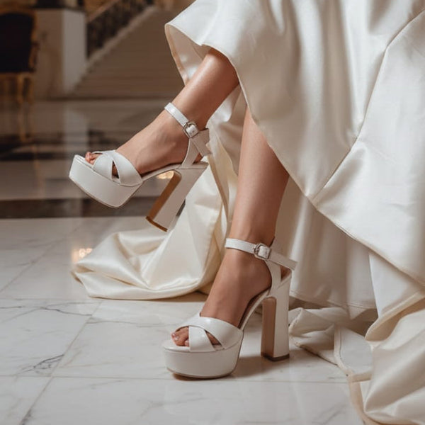 Comfortable Wedding bridal Pearl White leather Sandals  platform Heel Beirut 12cm 13cm