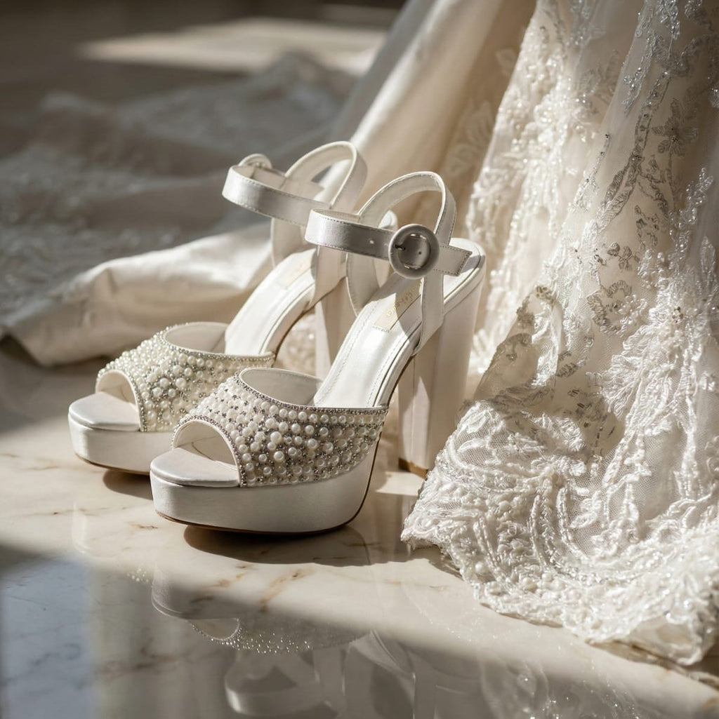 Designer bridal platform shoes at White Lily Brides Beirut, featuring elegant pearl-embellished matte white finish for weddings.
