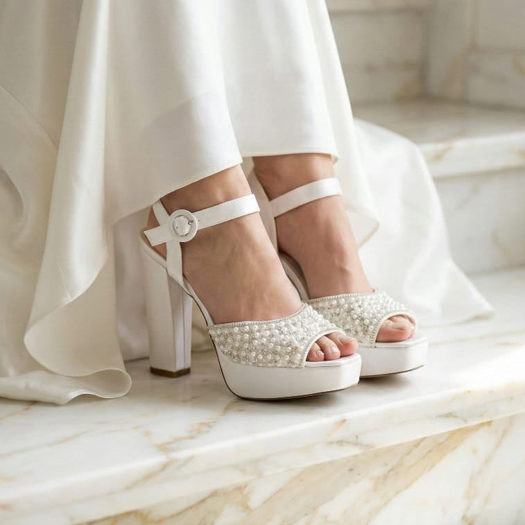 Elegant matte-finish peep-toe bridal shoes High Heel 14cm featuring a pearl cluster design and a matching round buckle.